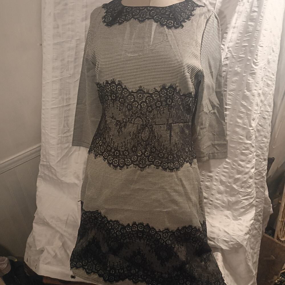 TYWF XXXL Houndstooth Checkered Lace Tailored 3/4 Sleev Dress Goth Prairie Core